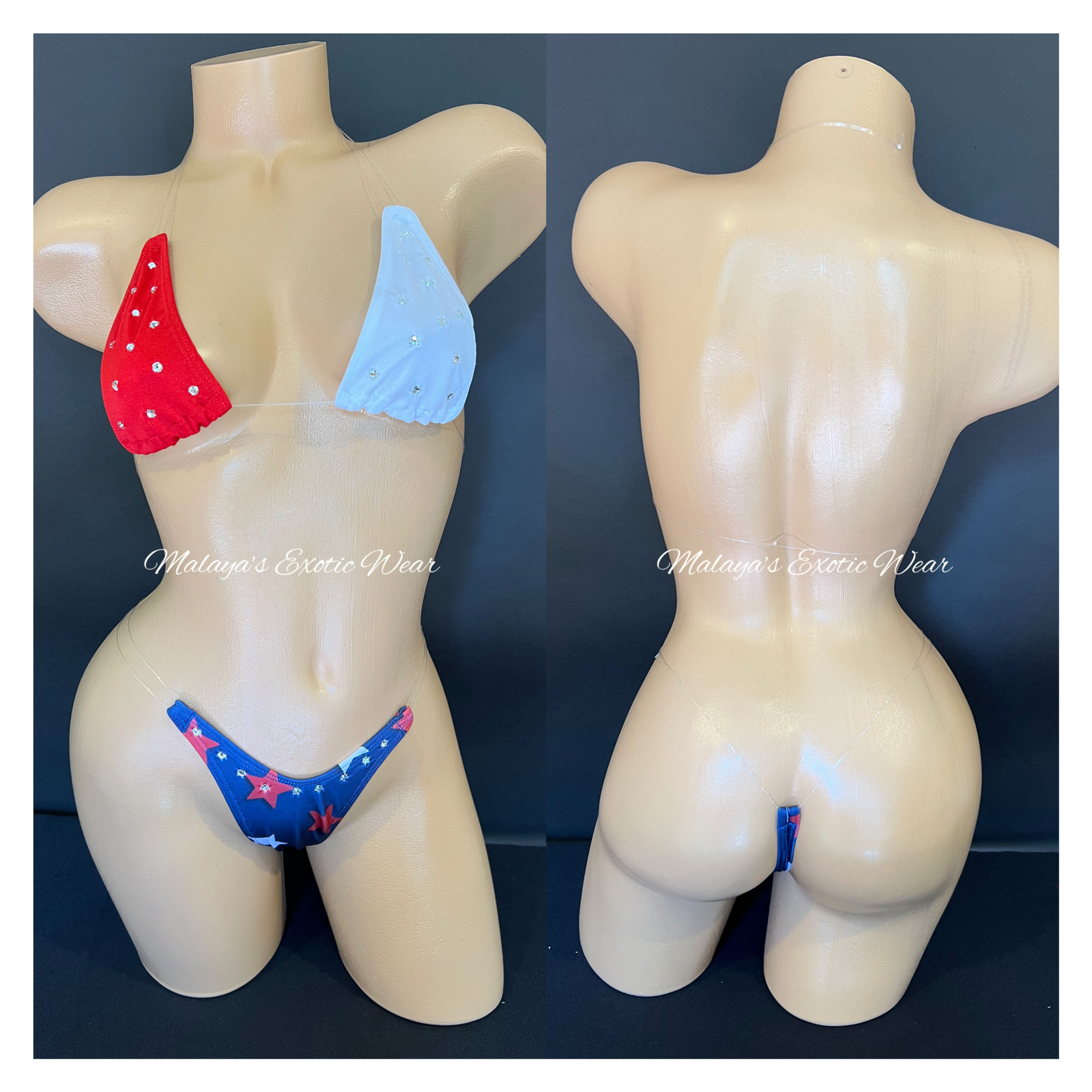 Sexy Bikini - Invisible Rhinestone Thong Bikini - Patriotic