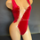 Thumbnail: Sexy Bodysuit - Invisible Velvet Rhinestone Thong Bodysuit - Red