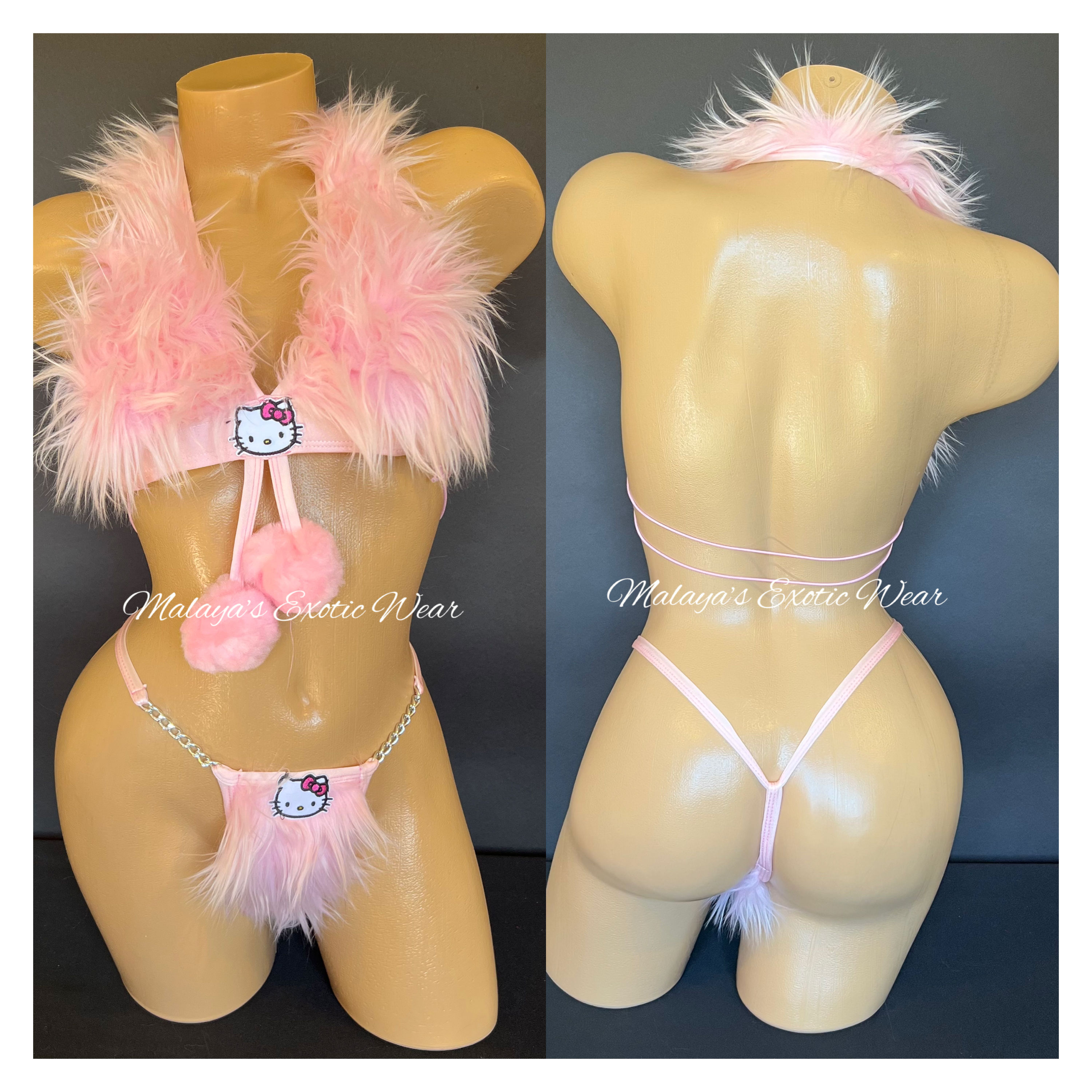 Ms. Kitty Faux Fur Pom Pom Sexy Thong Bikini