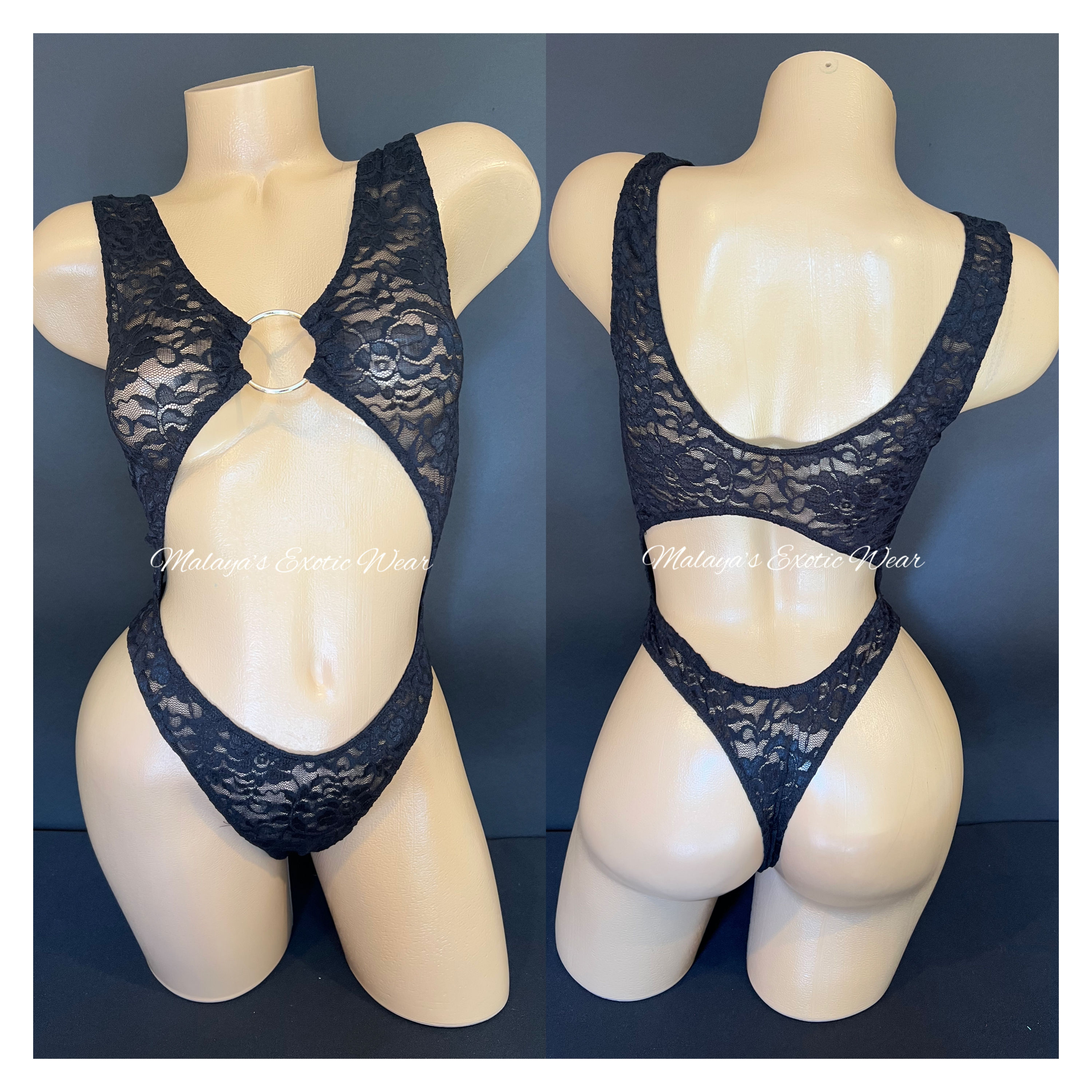 Sexy Bodysuit - Lace Ring Thong Bodysuit - Black