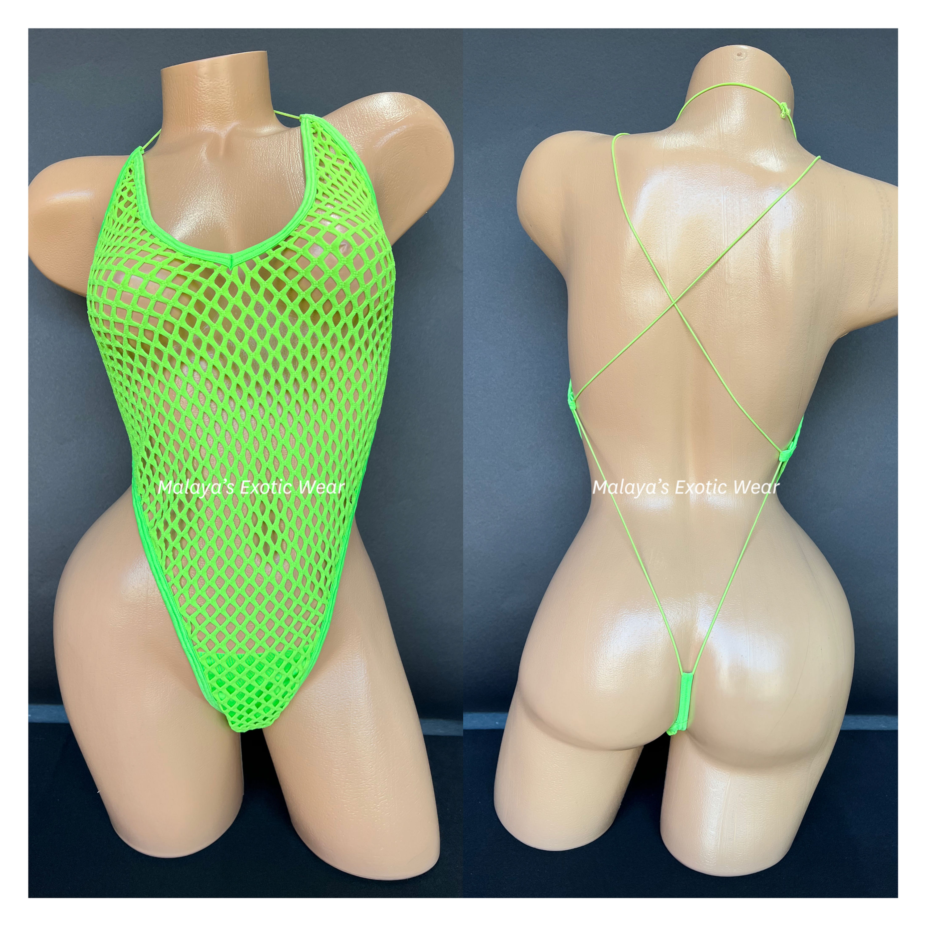 Sexy Bodysuit - Net String Back Thong Bodysuit - Lime