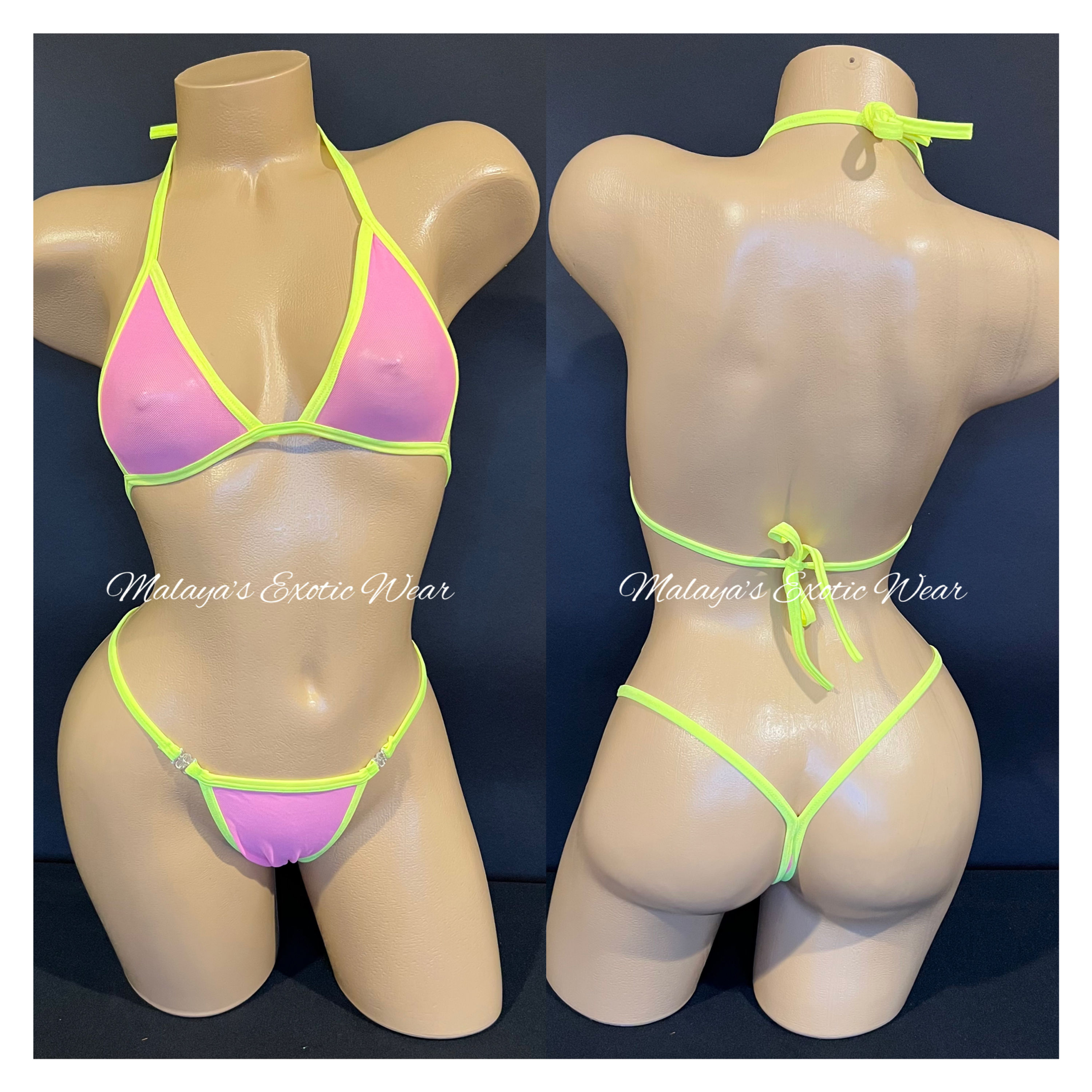 Pink Mesh Teeny Clip Sides Sexy Thong Bikini