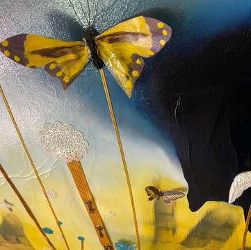 Detail 7: One large butterfly set in resin-wing span is 3 inches. Smaller butterfly is 1 inch. One mandala set in white ink resin and one set of angel wings with a 7 manadalas set in polymers. The skeleton keys seen here will be explained in the detail image of the keys.