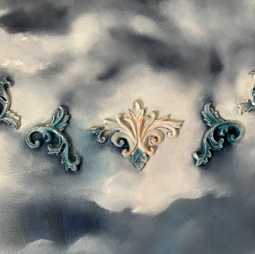 Detail 4: French molding Stucco 3d effect, polymer sculpture set in resin. One of the most beautiful embellishments in any home, crown moldings have a rich history that dates back generations. In this painting, I placed Ms. Gorman in front of 'The People's House.' This detail is representative of the people: worthy of respect, dignified, and regal. The red in the molding is representative of the five lives lost during the insurrection.