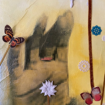 Detail 13: Three mandalas set in resin, two polymer butterflies, one polymer cross, and one flower set in resin in the palm of Amanda Gorman's hand. I use gold velvet ribbon throughout the painting. Award-winning poet Amanda Gorman said the ring she wore while reading her poem at President Biden’s Inauguration was gifted to her by Oprah Winfrey and depicted a caged bird in honor of the late poet Maya Angelou.
The right hand position mudra: here Ms. Gorman's hand is raised in such a way that the mudra, or position of the hand, represents fearlessness or the Abhaya Mudra.