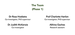 The Team (Phase 1): Dr Rosa Hoekstra (Co-investigator, PhD supervisor), Prof Charlotte Hanlon (Co-investigator, PhD supervisor), Dr Judith McKenzie (Co-investigator), Akhina Gaches (Research Assistant)