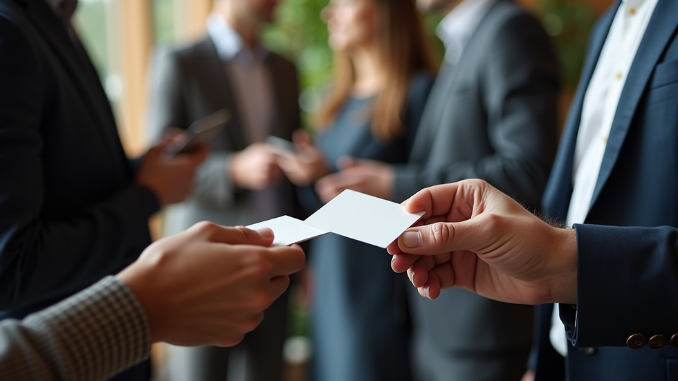 Close-up view of a business networking event with people exchanging business cards