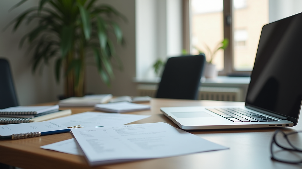 Eye-level view of a tidy office desk with organized paperwork and a laptop