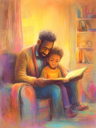 Father and child sharing a picture book on the couch