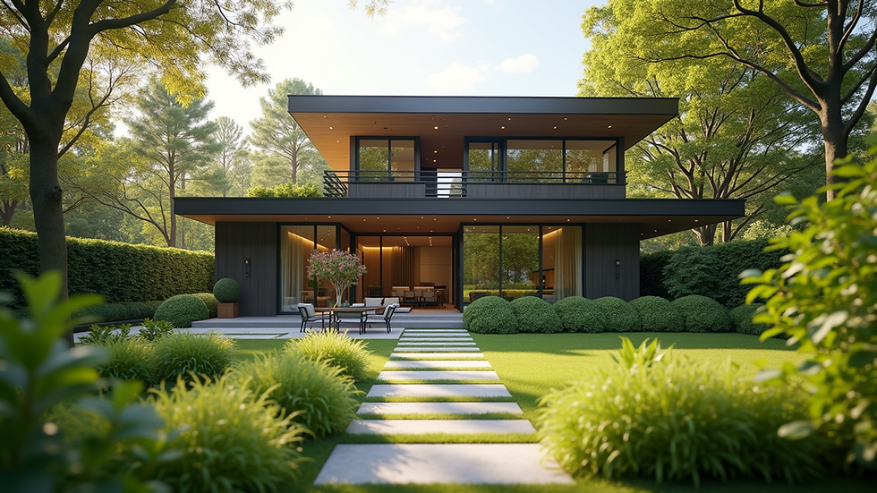 Eye-level view of a modern home with a well-maintained garden