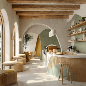 Interior luminoso de cafetería con arcos, vigas de madera y estilo moderno.