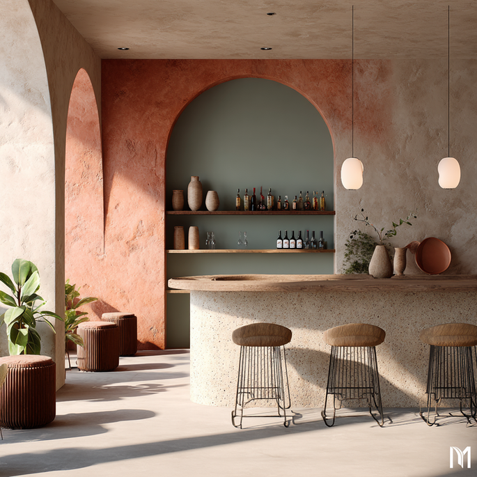 Barra de cafetería moderna con taburetes, arcos y estantes en tonos tierra.