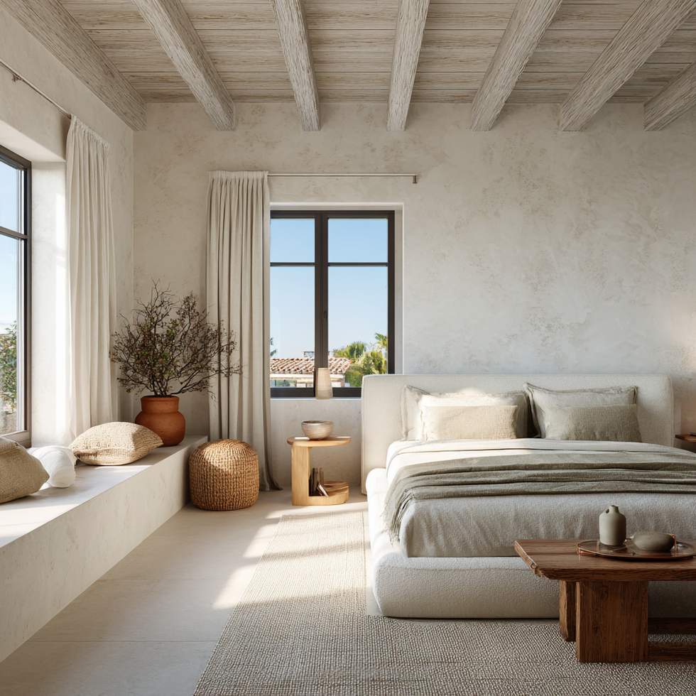 Dormitorio luminoso con cama grande, ventanales, vigas de madera y decoración minimalista.