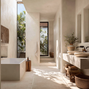 Elegante baño minimalista con bañera, lavabos dobles y mucha luz natural.
