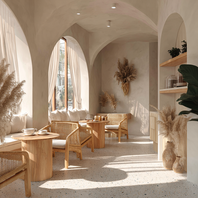 Interior cafetería minimalista: arcos, muebles de madera clara, luz solar cálida.