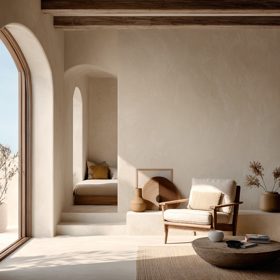 Interior minimalista mediterráneo, sillón de madera, ventana arqueada y luz natural.