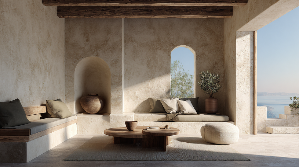 Sala de estar mediterránea minimalista con vista al mar y luz natural.