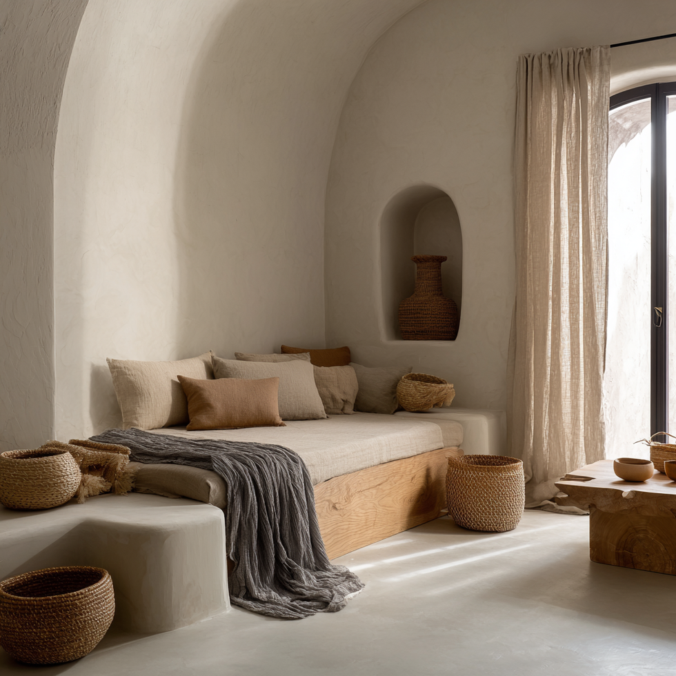 Sala de estar minimalista con banco incorporado, cojines, cestas y luz natural.