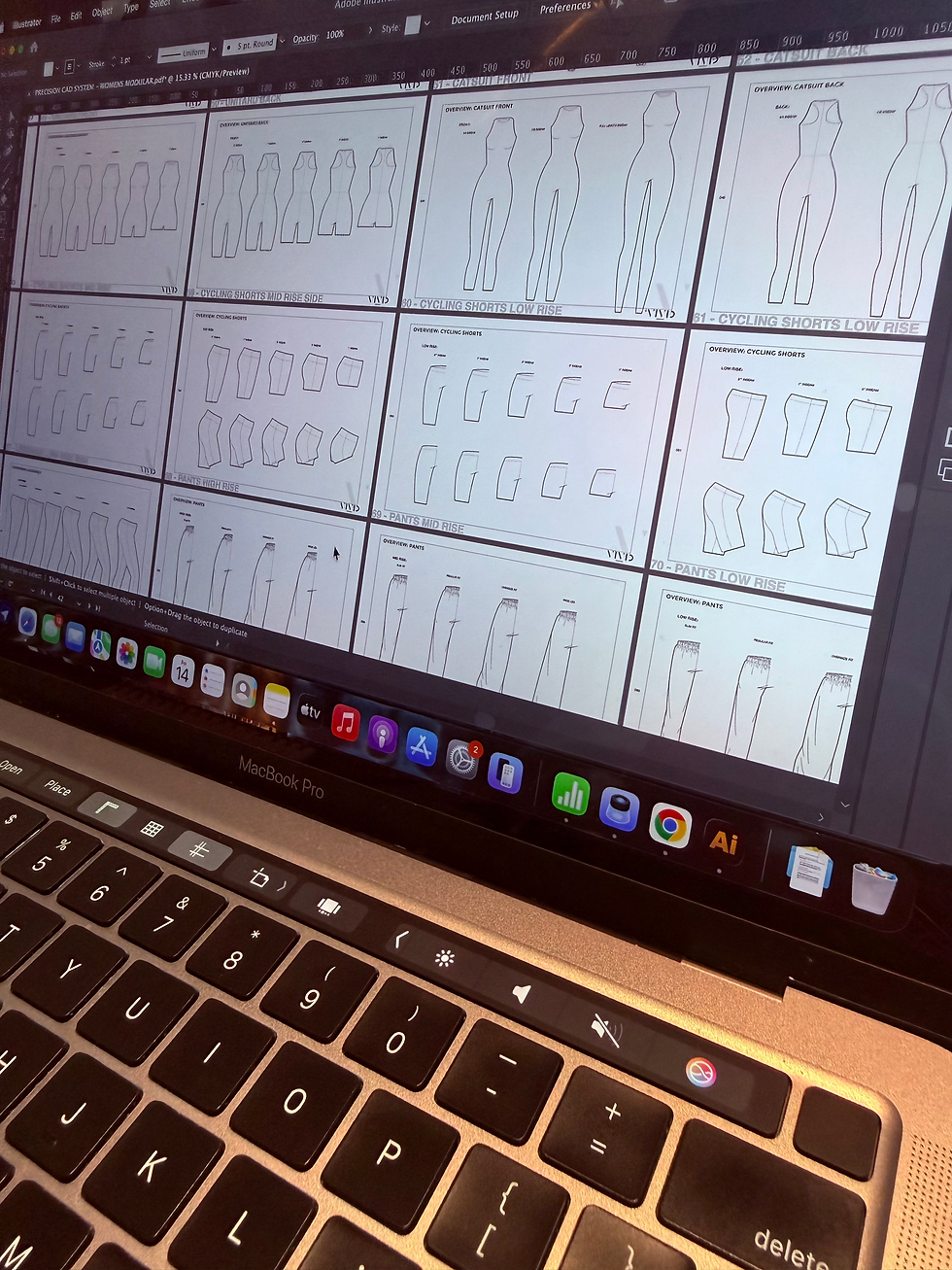 Dubai activewear designer CAD system showing inconsistent baseline blocks and varied panel logic.