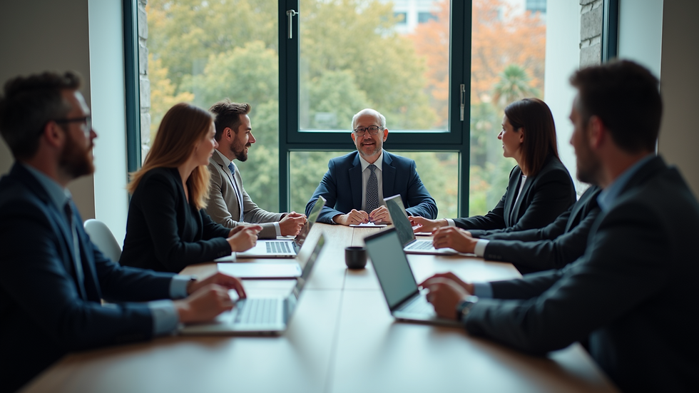 High angle view of business meeting discussing trademark strategy