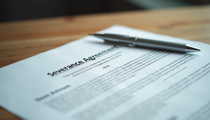 Close-up view of severance agreement document with pen on a table
