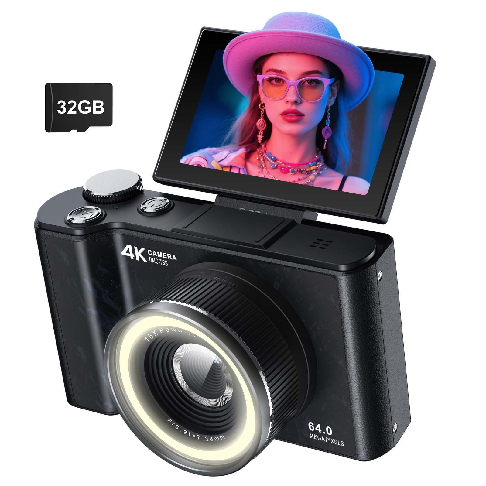 4K Digital Camera for Photography,4k Camera with Ring Light,180° Flip Screen