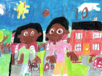 Painting of two children standing outside near houses under a blue sky