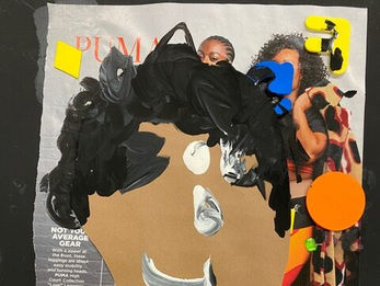 Artwork portrait with black hair, colorful shapes, brown face, magazine background.