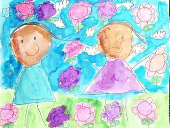 Two smiling children surrounded by colorful flowers on a bright blue background