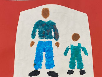 Childlike drawing of a father and child standing side by side on a red background