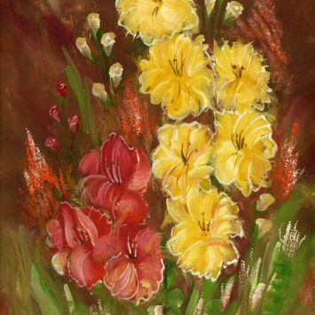 Vibrant floral painting with yellow and red flowers in a bouquet by  Ellene Brit Christiansen