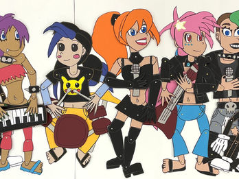 Cartoon-style group of kids playing instruments in a rock band