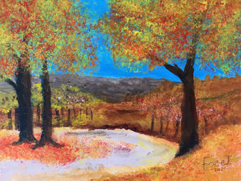 Landscape painting of a path through trees with bright fall foliage
