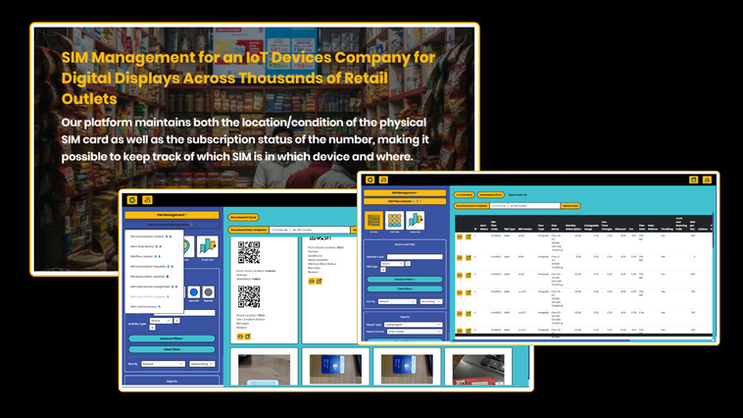 SIM Management for an IoT Devices Company for Digital Displays Across Thousands of Retail Outlets
Our platform maintains both the location/condition of the physical SIM card as well as the subscription status of the number, making it possible to keep track of which SIM is in which device and where.
