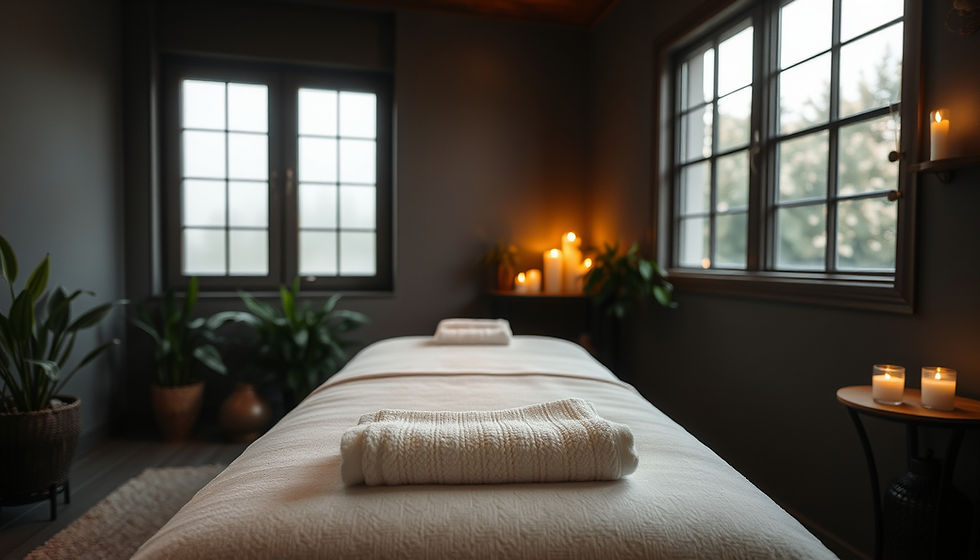 Eye-level view of a calm Reiki healing room with soft lighting and natural decor