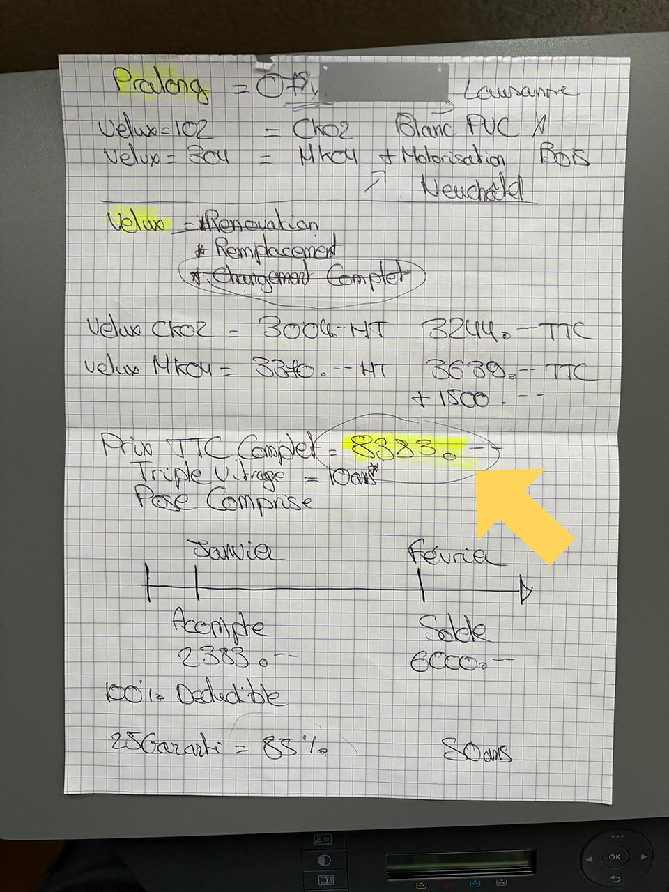 Offre manuscrite frauduleuse VElux