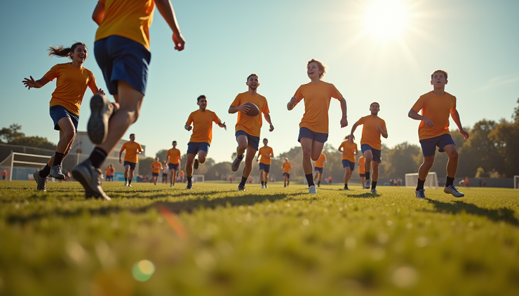 Eye-level view of a flag football field with players celebrating a touchdown