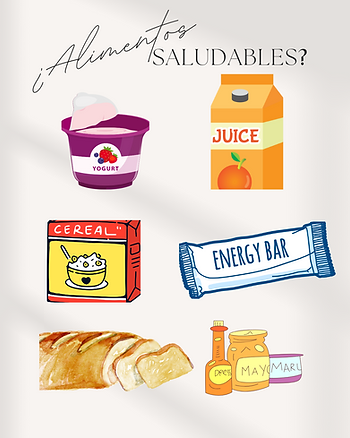 Poste con un listado de alimentos que parecen saludables pero podrían serlo como el yogurt, jugo, cereal, energy bars, pan, y aderezos.