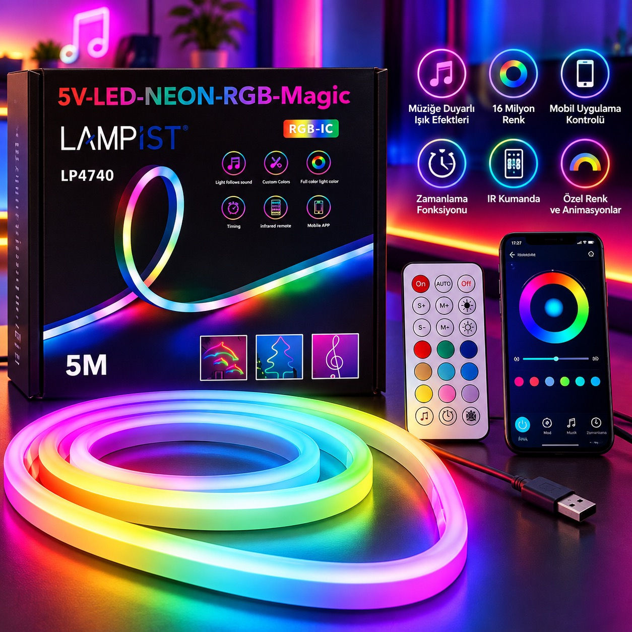 5V RGB-IC Neon LED Şerit Magic 5 Metre Müzik Duyarlı Akıllı RGB LED
