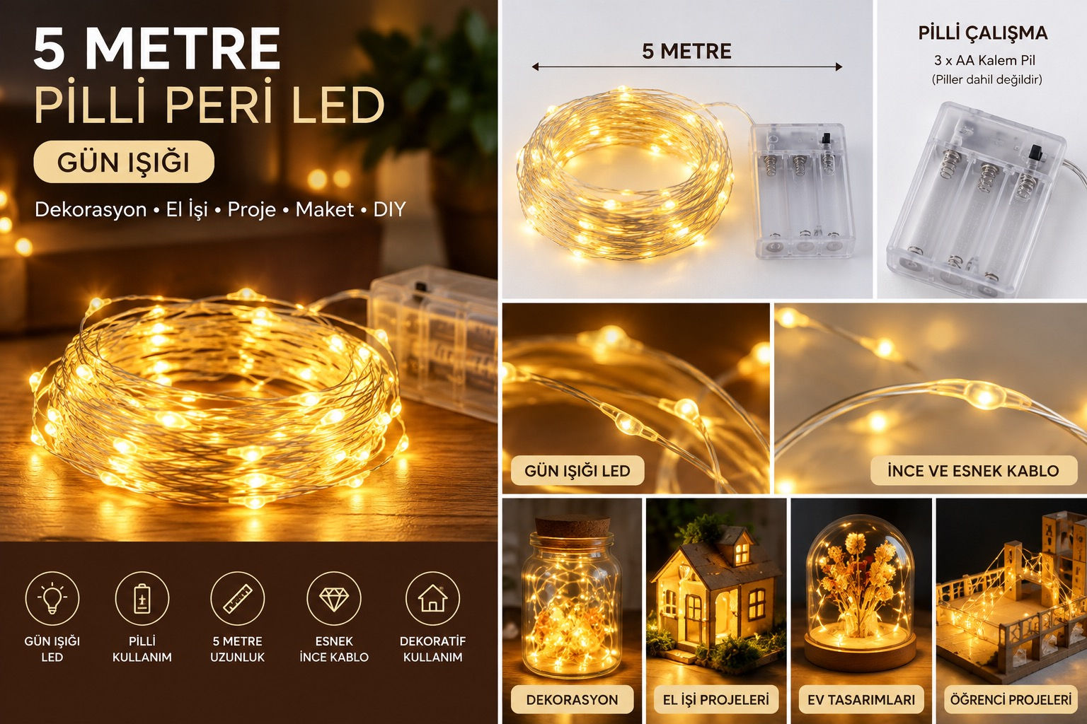5 Metre Pilli Peri LED Gün Işığı Dekoratif LED