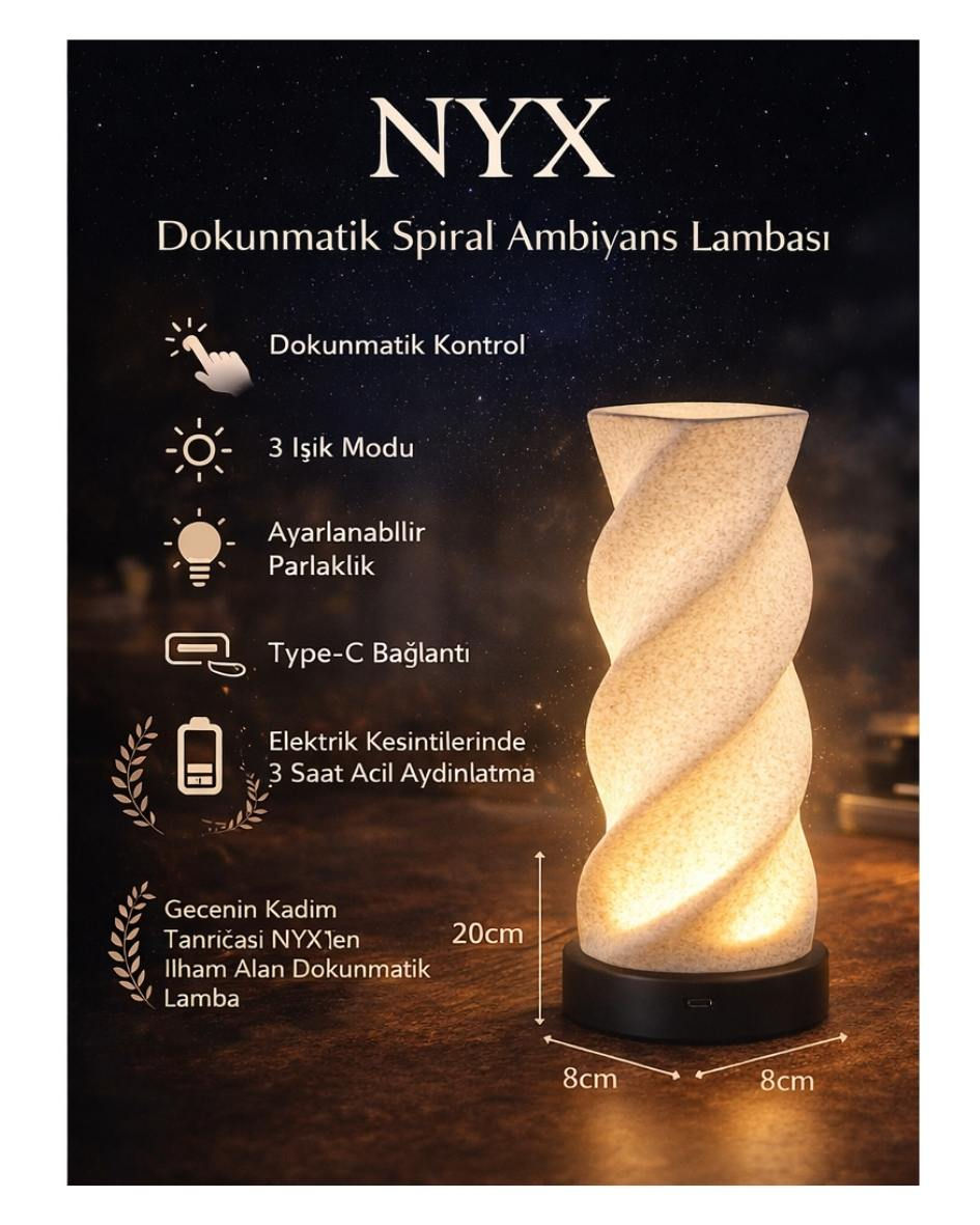 NYX Dokunmatik Spiral Masa Lambası – 3 Işık Modu, Ayarlanabilir Parlaklık, Type-C, Acil Aydınlatma