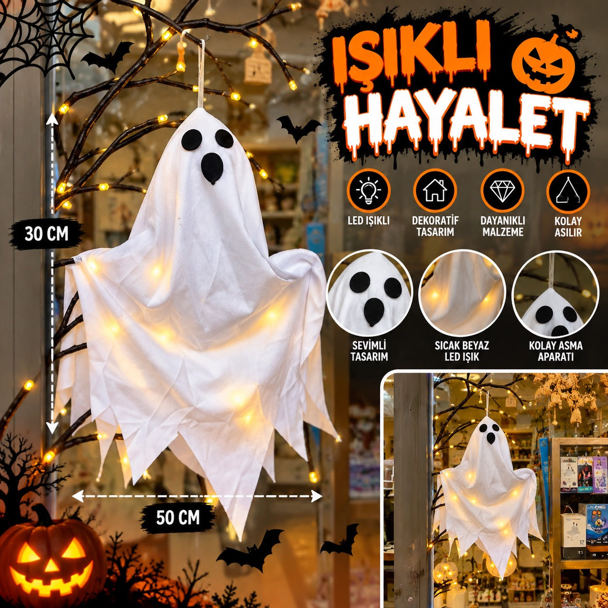 Işıklı Hayalet Dekoru Halloween Cadılar Bayramı Süsü