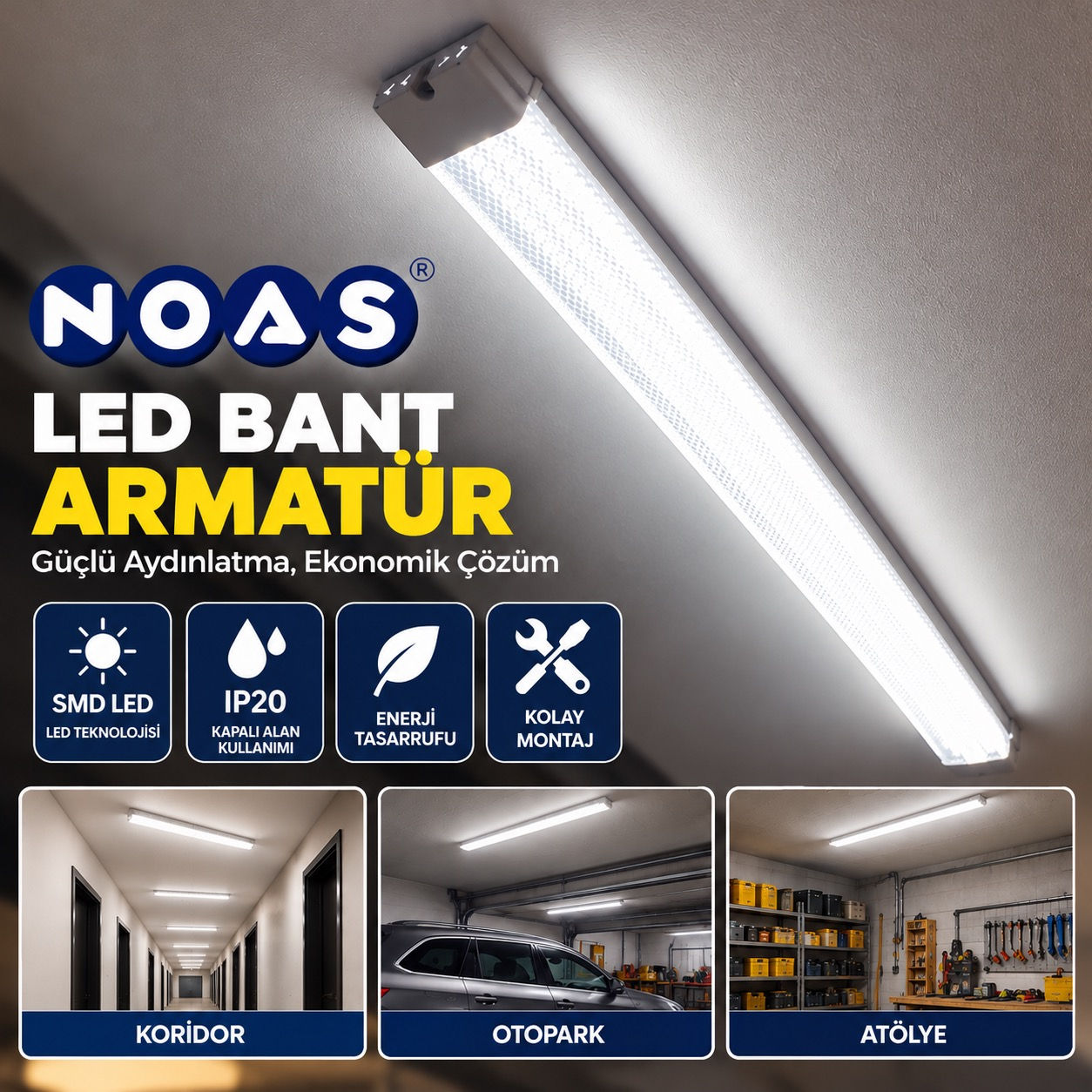 NOAS Etna LED Bant Armatür Yüksek Işık Güçlü Tavan Aydınlatma