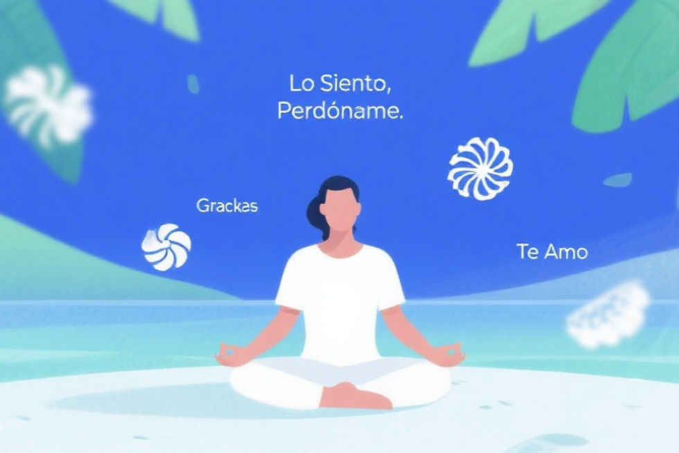 Persona meditando con símbolos hawaianos, representando la práctica del Hoʻoponopono online para la sanación.