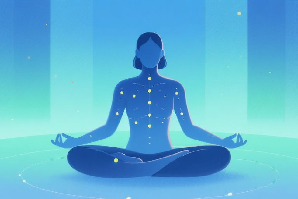 Persona meditando virtualmente, puntos de acupresión resaltados. Terapia EFT online para dejar de fumar.