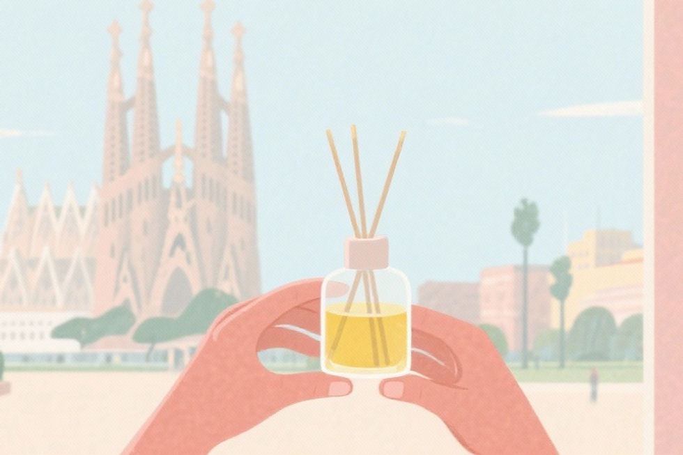 Manos sostienen difusor de aromaterapia en Barcelona, con la Sagrada Familia al fondo. Ambiente de calma y bienestar.