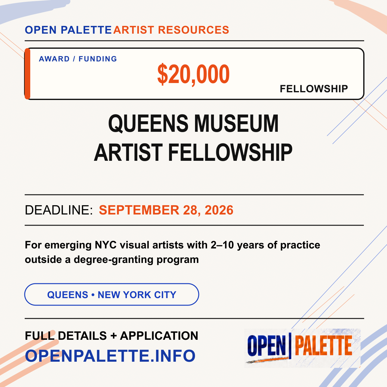 Two emerging New York City visual artists receive funding, mentorship, professional development, and a solo project exhibition at the Queens Museum.