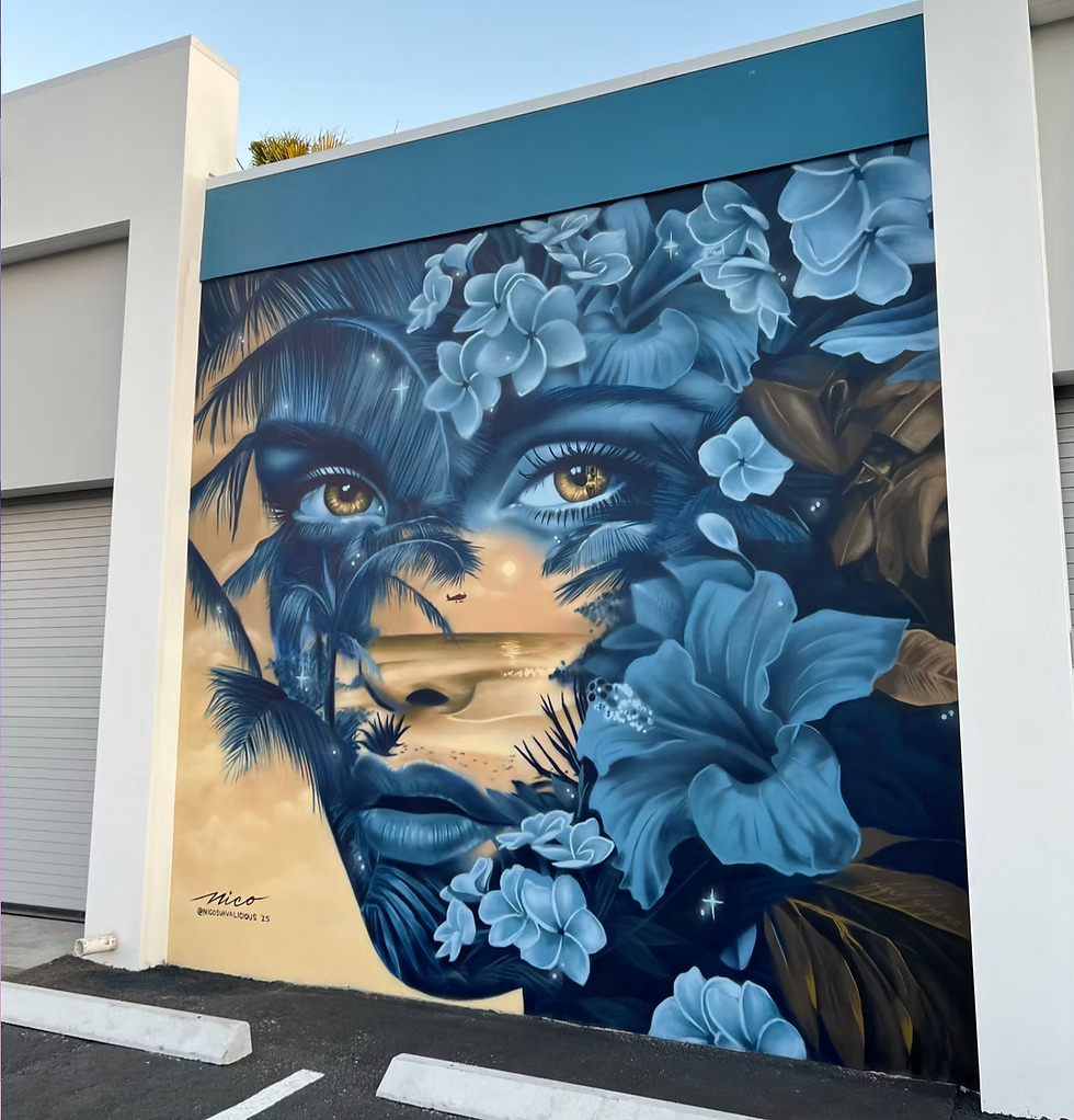 Nico mural blending a woman's portrait with Florida palms, tropical flowers, ocean scenery, and warm sunset light.