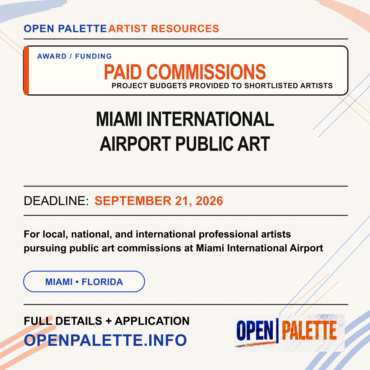 A professional public art call connected to Miami International Airport’s Capital Improvement Program.