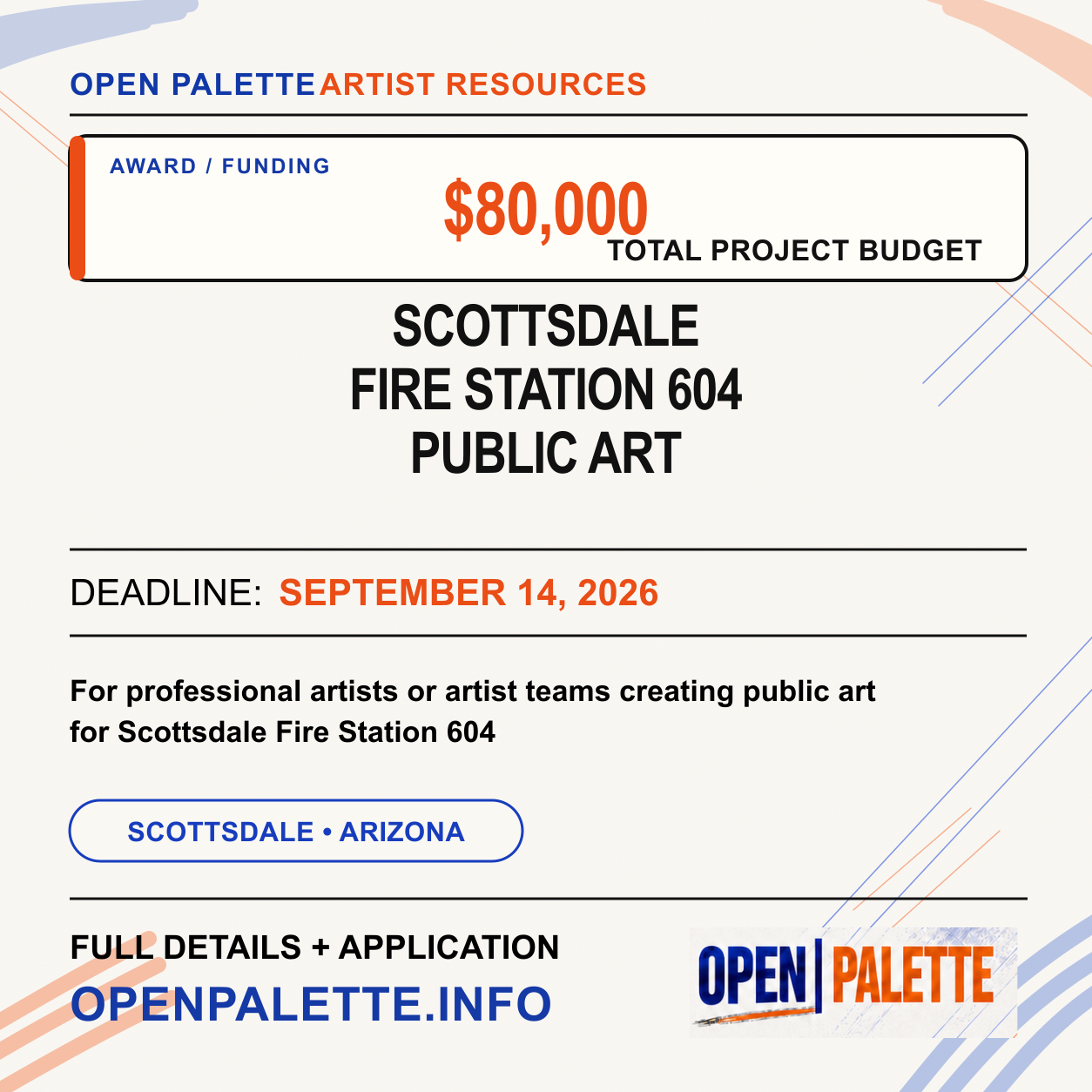 Scottsdale Public Art is seeking qualifications for a permanent exterior artwork at the new Fire Station 604. The selected artist will design, engineer, fabricate, and install the work in collaboration with the project team and community stakeholders.
